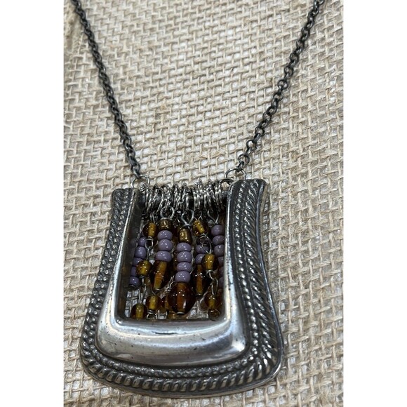Vintage Artisan Crafted Silver Tone Belt Buckle Link Chain Pendant Necklace - Picture 3 of 7